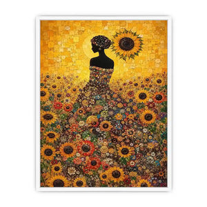 Vertical sunflower woman canvas art for colourful bedroom decor.