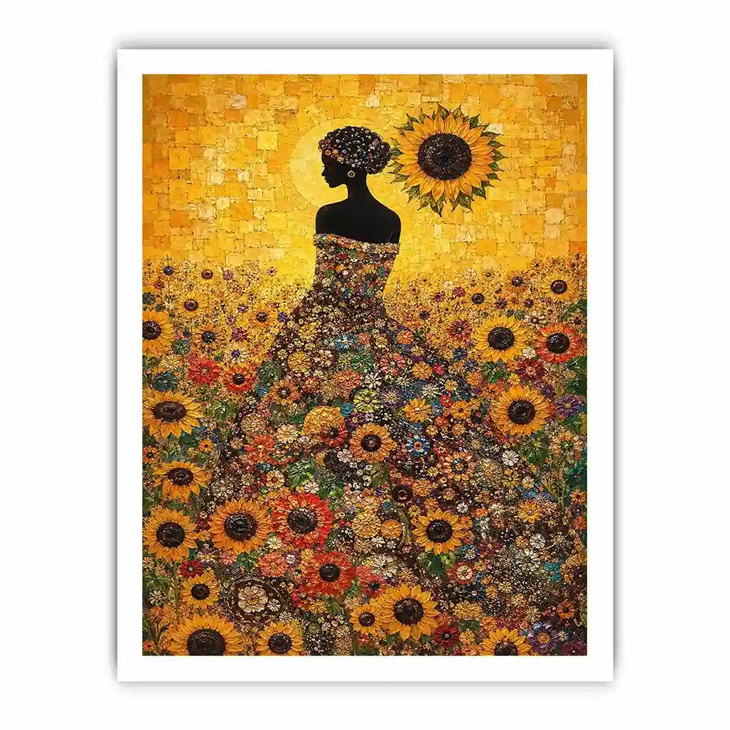 Vertical sunflower woman canvas art for colourful bedroom decor.