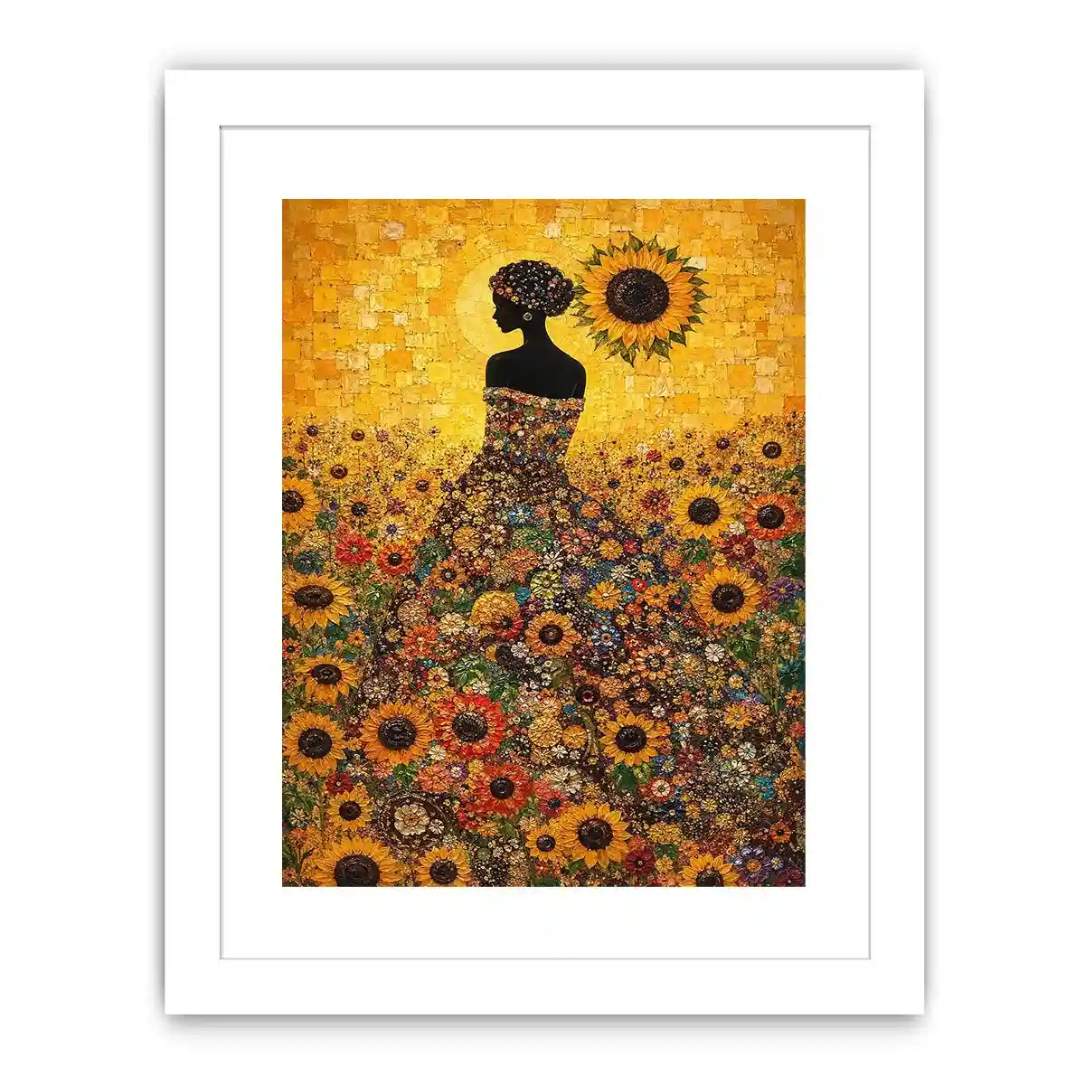 Vertical sunflower woman canvas art for colourful bedroom decor.