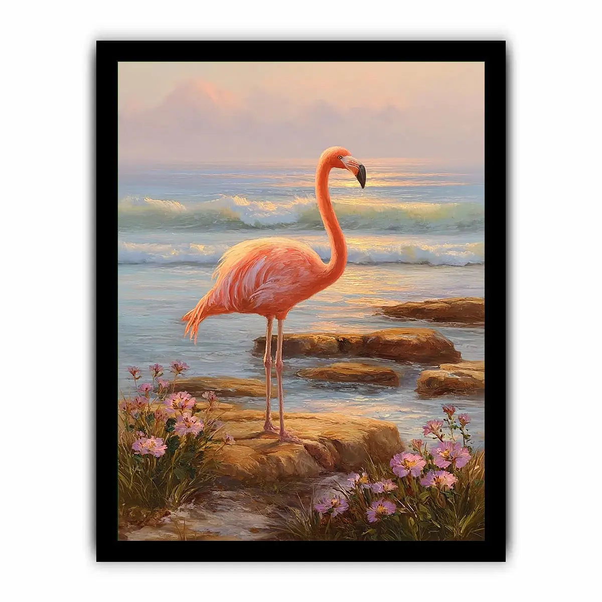 Coastal flamingo canvas art with ocean waves for serene bedroom decor.
