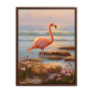 Coastal flamingo canvas art with ocean waves for serene bedroom decor.