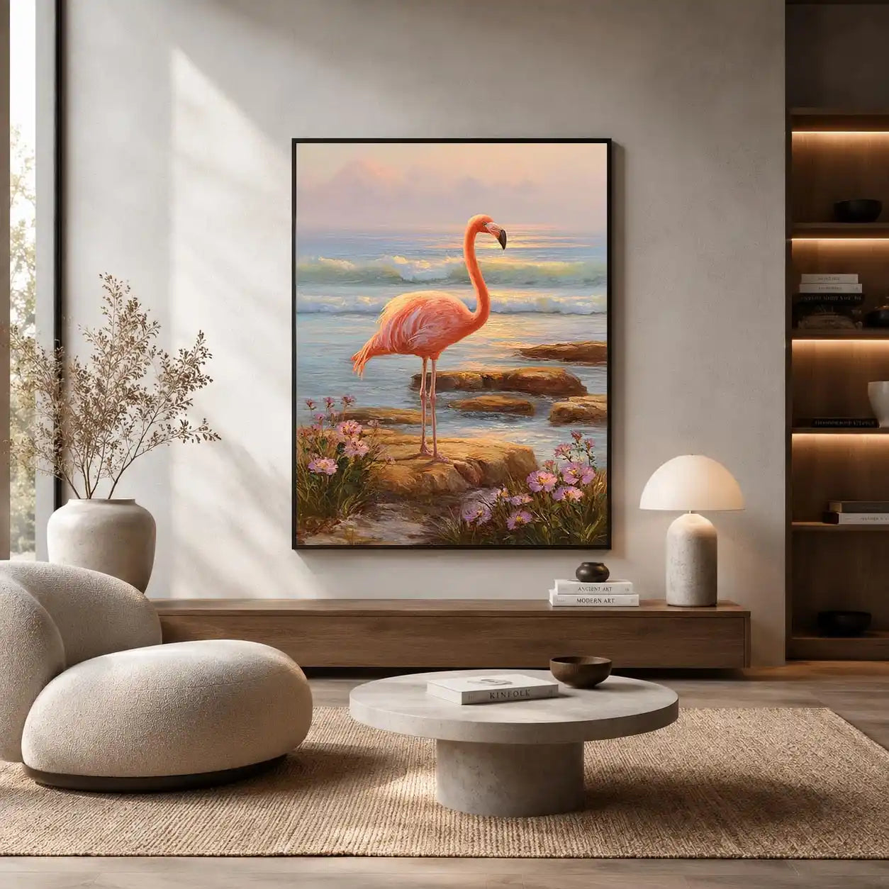 Coastal flamingo canvas art with ocean waves for serene bedroom decor.