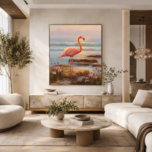 Coastal flamingo canvas art with ocean waves for serene bedroom decor.