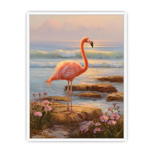 Coastal flamingo canvas art with ocean waves for serene bedroom decor.