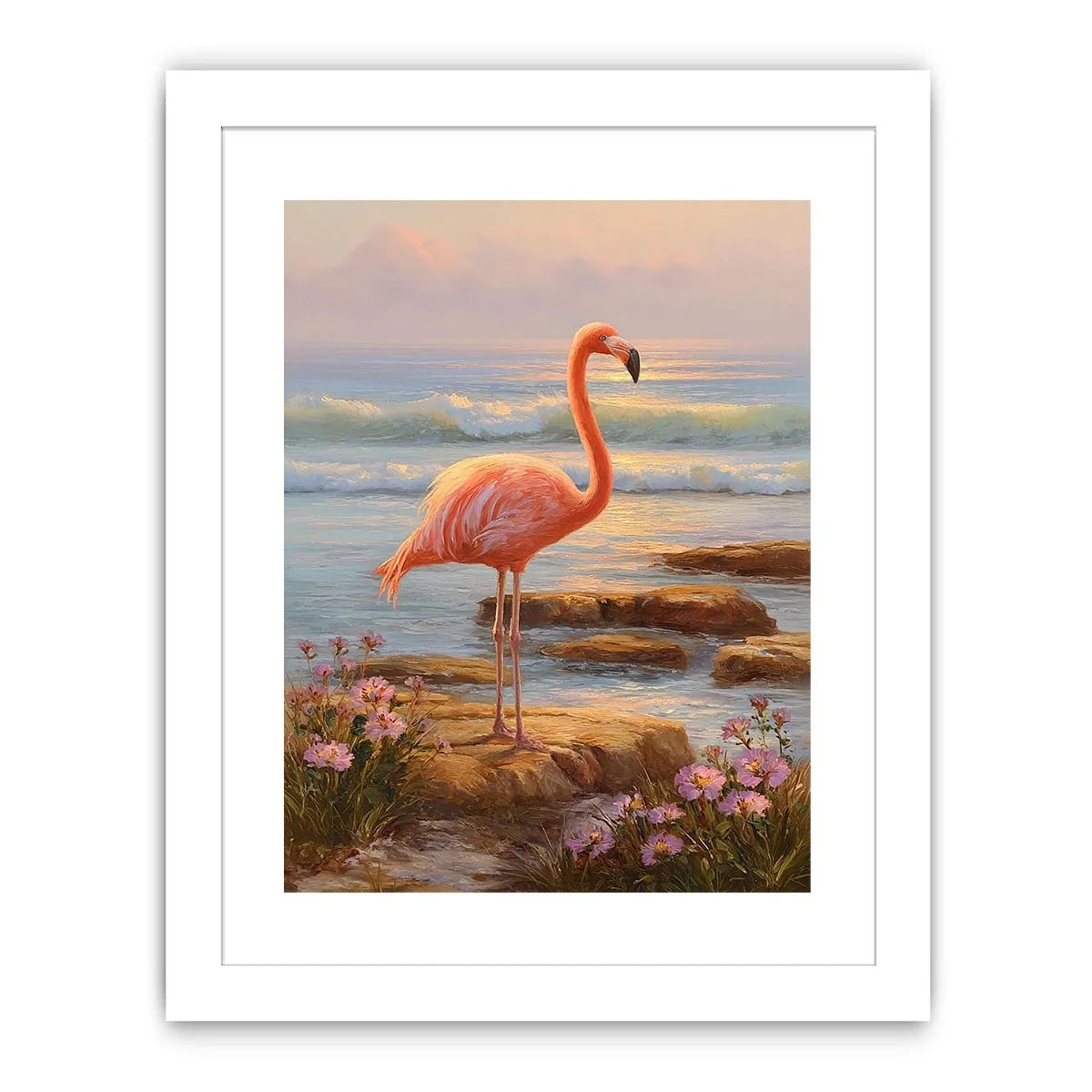 Coastal flamingo canvas art with ocean waves for serene bedroom decor.