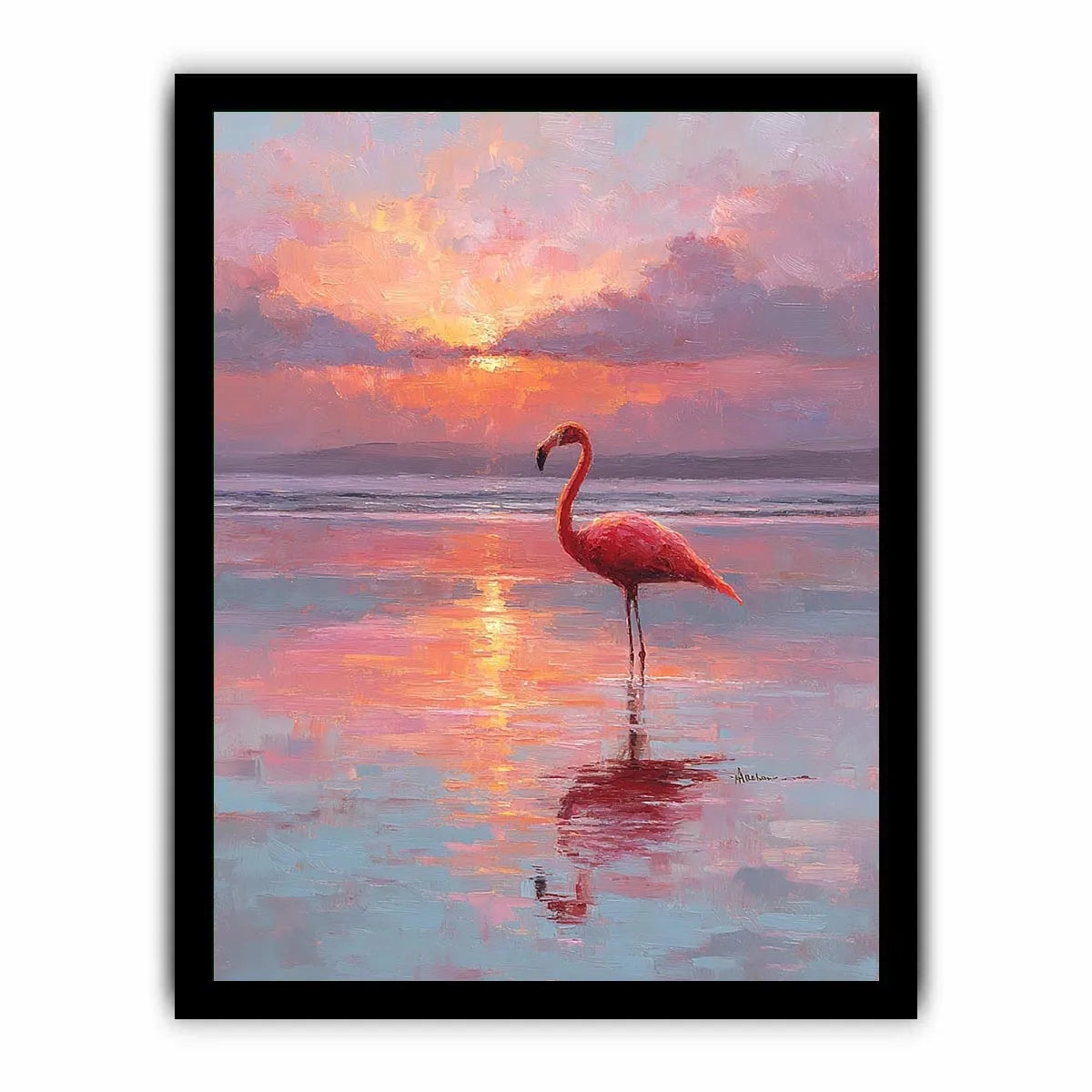 Pink flamingo sunset canvas art for calm coastal bedroom decor.