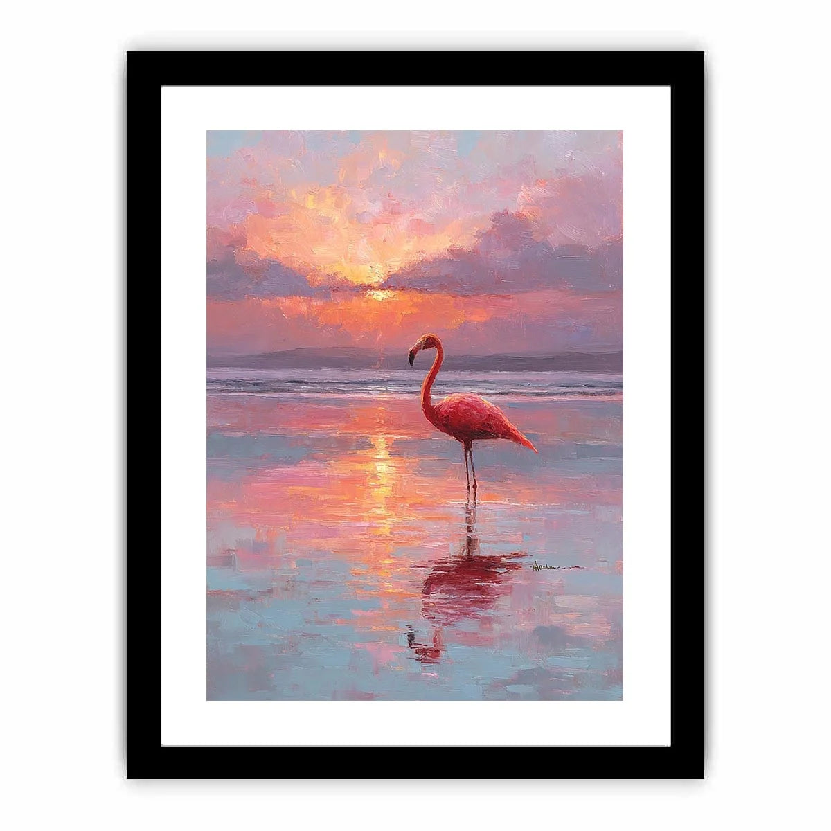 Pink flamingo sunset canvas art for calm coastal bedroom decor.
