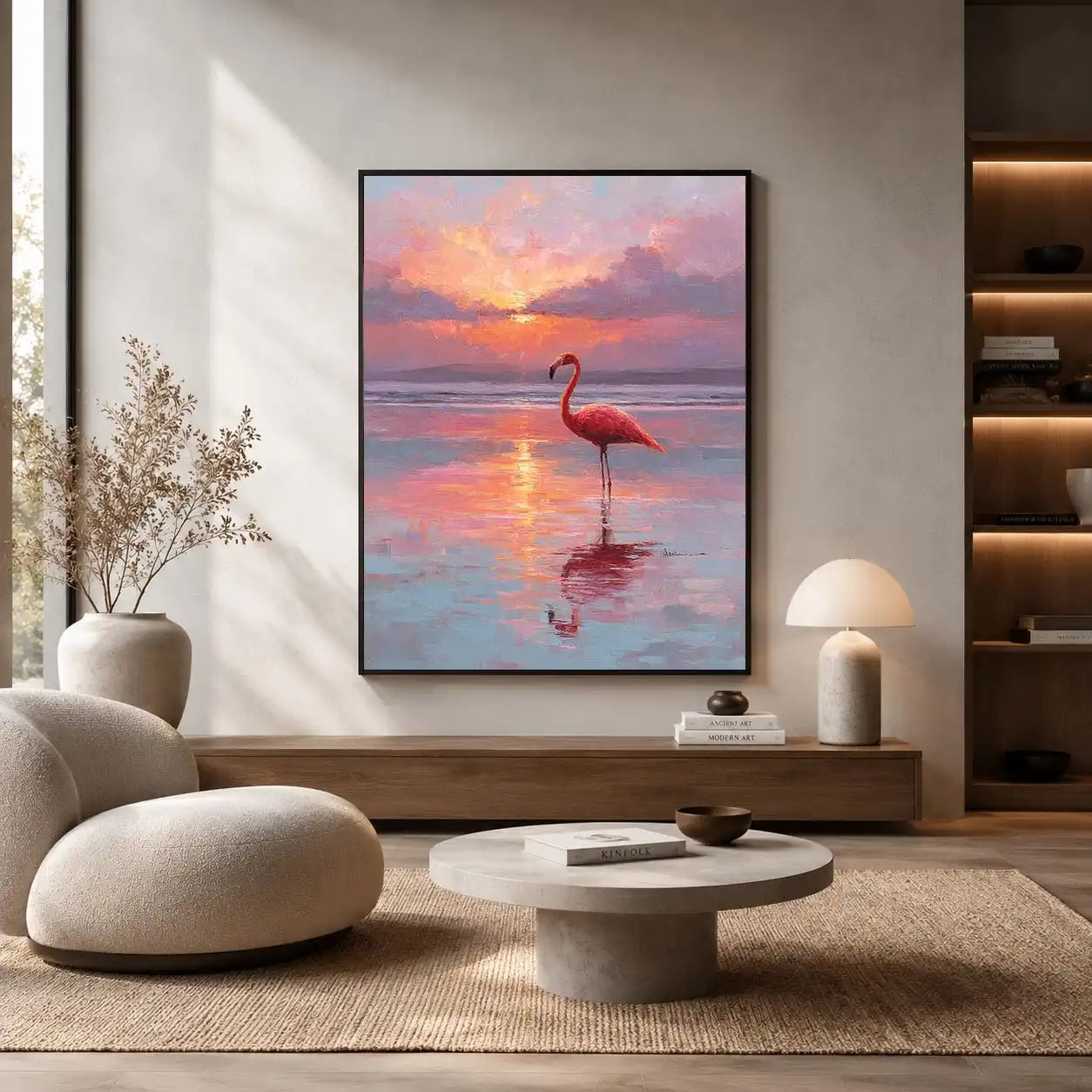 Pink flamingo sunset canvas art for calm coastal bedroom decor.