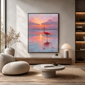 Pink flamingo sunset canvas art for calm coastal bedroom decor.