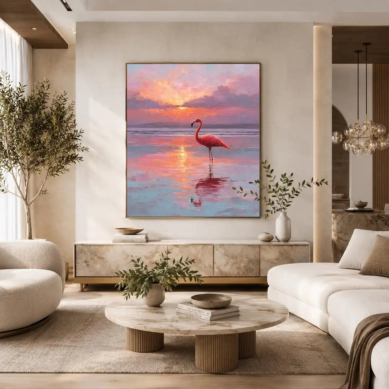 Pink flamingo sunset canvas art for calm coastal bedroom decor.