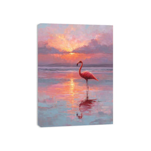 Pink flamingo sunset canvas art for calm coastal bedroom decor.