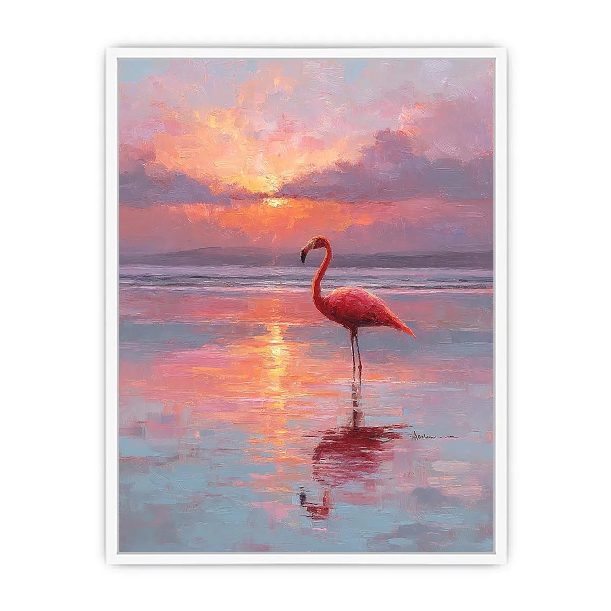 Pink flamingo sunset canvas art for calm coastal bedroom decor.