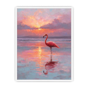 Pink flamingo sunset canvas art for calm coastal bedroom decor.
