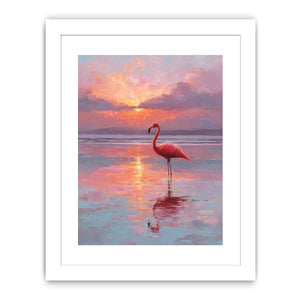 Pink flamingo sunset canvas art for calm coastal bedroom decor.
