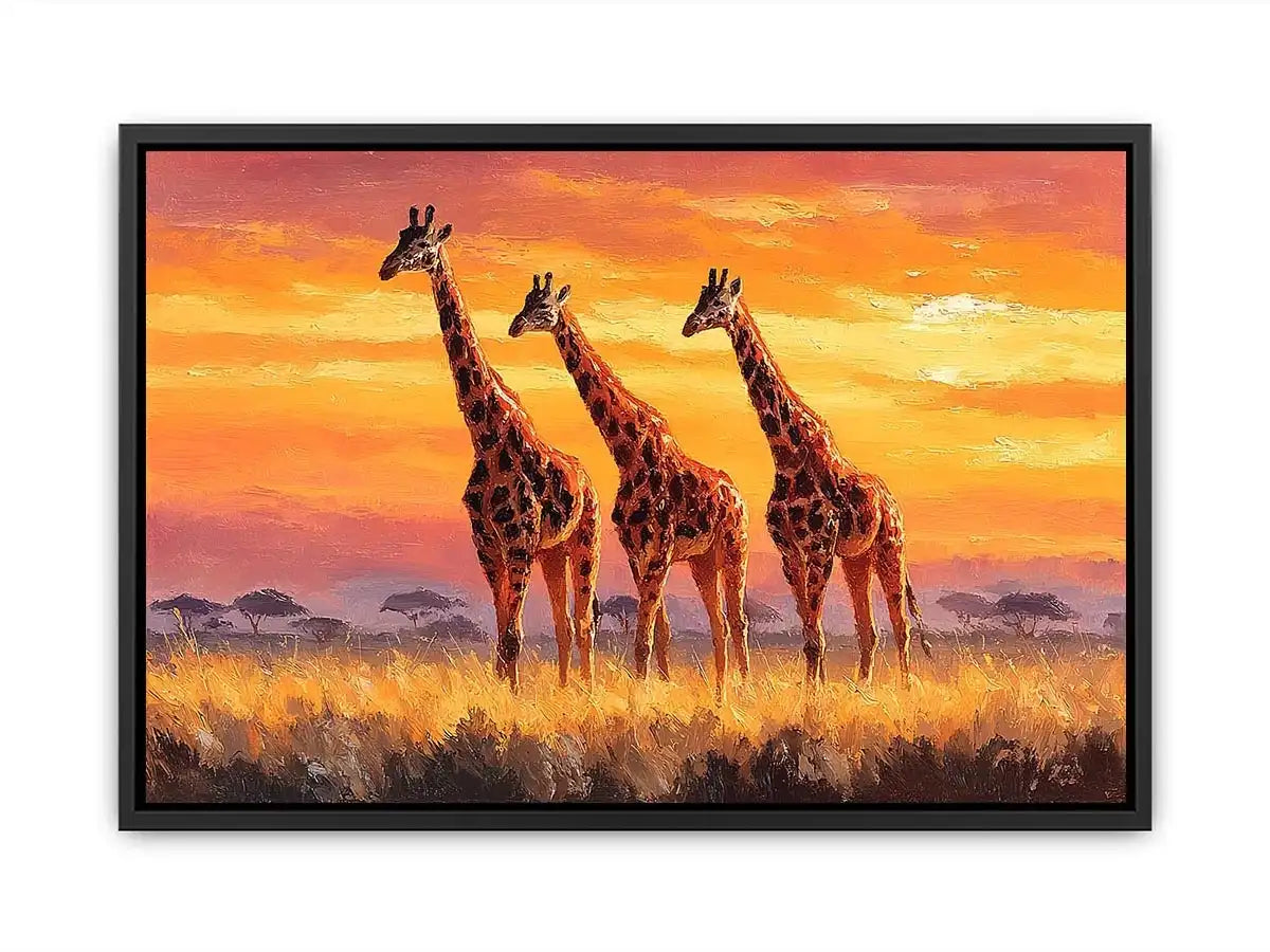 Horizontal giraffe sunset canvas art for warm living room decor.