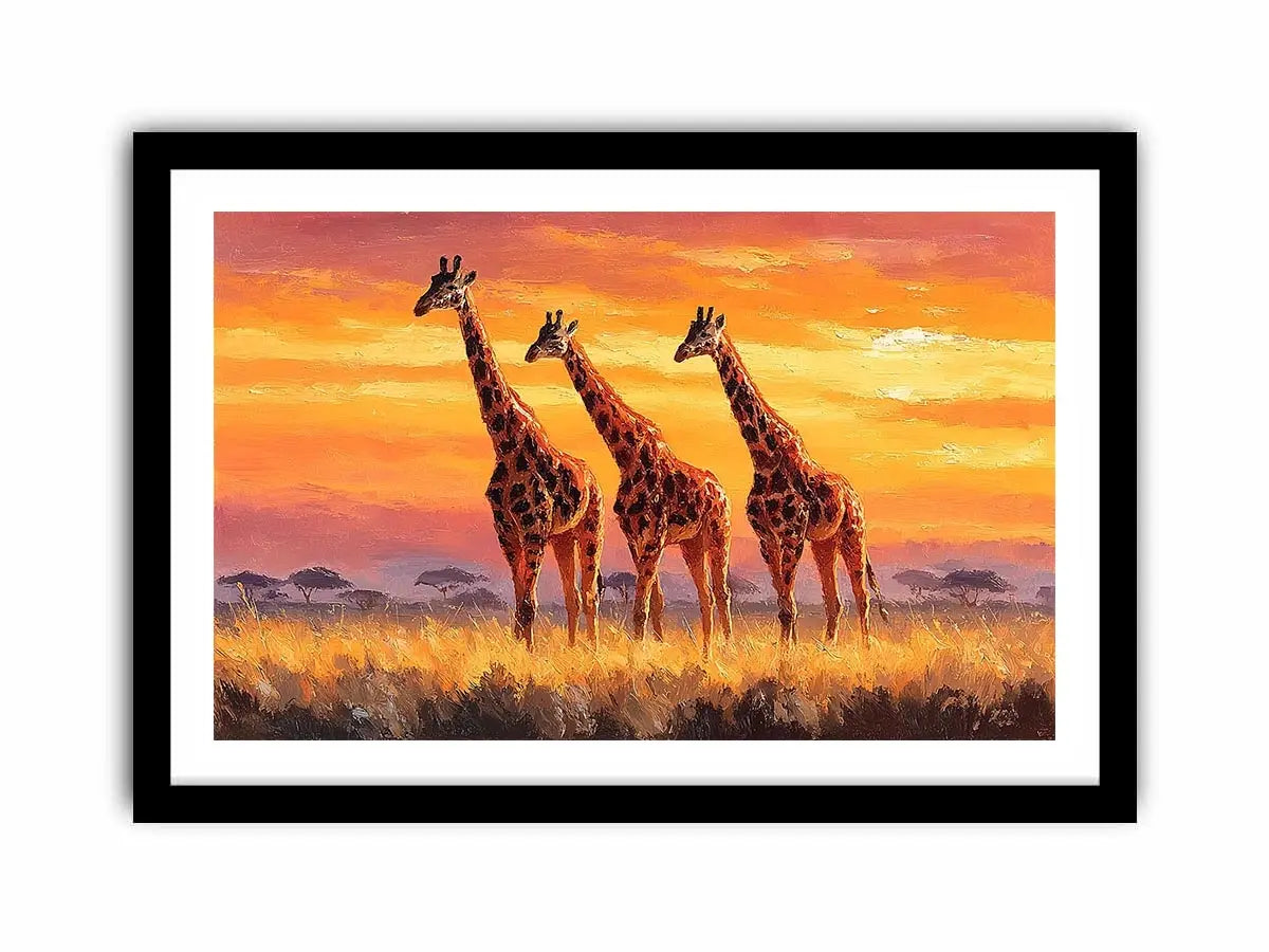Horizontal giraffe sunset canvas art for warm living room decor.