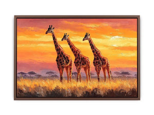 Horizontal giraffe sunset canvas art for warm living room decor.
