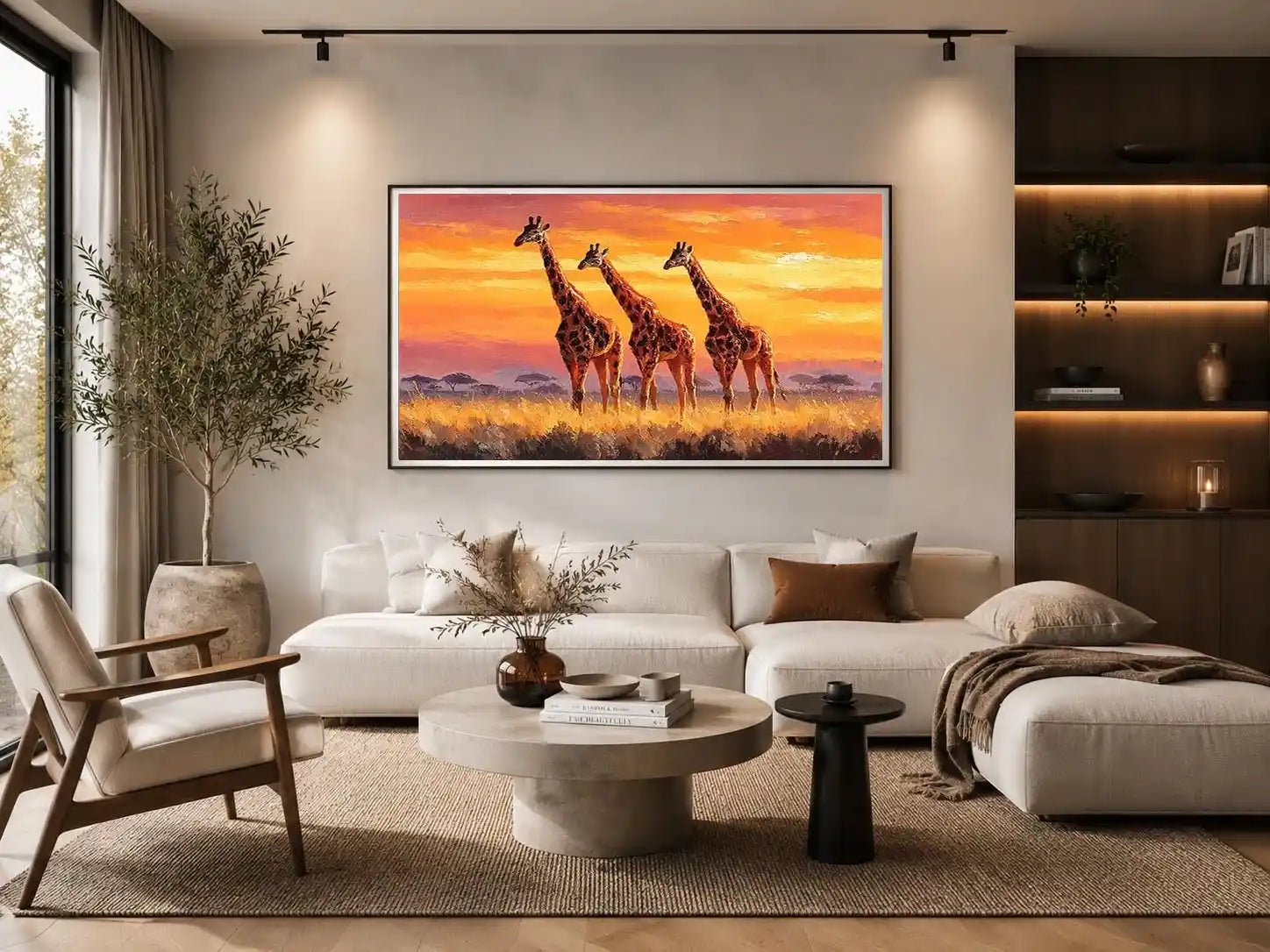 Horizontal giraffe sunset canvas art for warm living room decor.