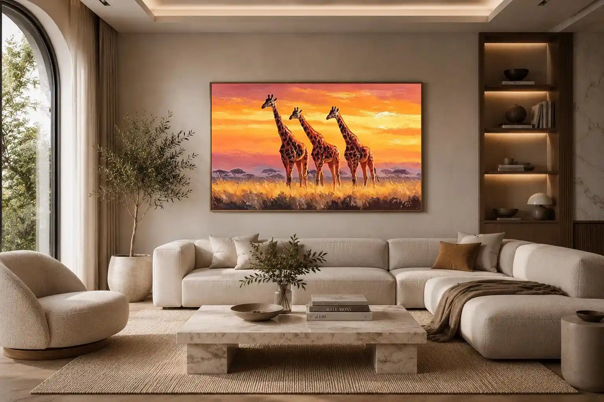 Horizontal giraffe sunset canvas art for warm living room decor.