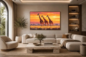 Horizontal giraffe sunset canvas art for warm living room decor.