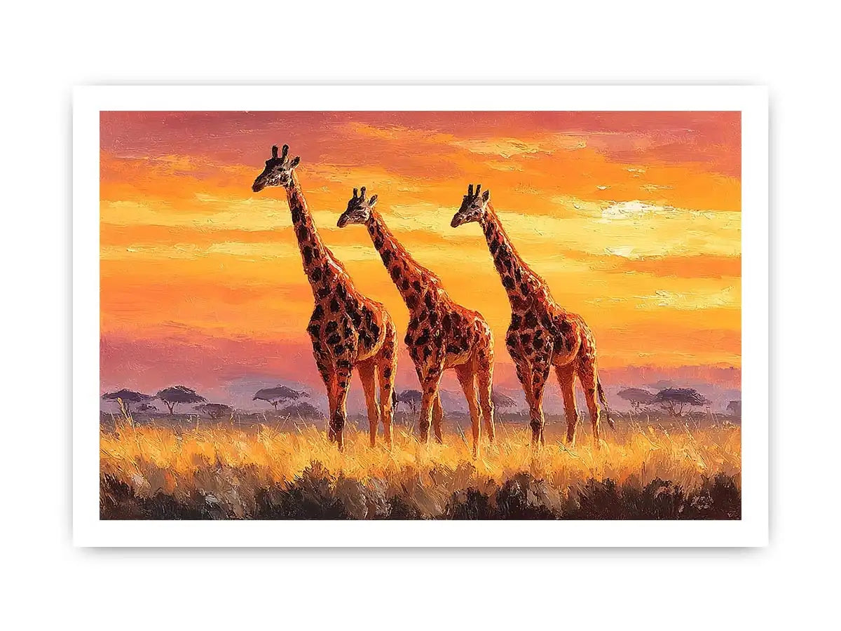 Horizontal giraffe sunset canvas art for warm living room decor.