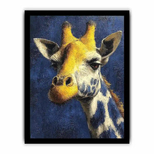 Blue giraffe portrait canvas art for modern office and hallway decor.