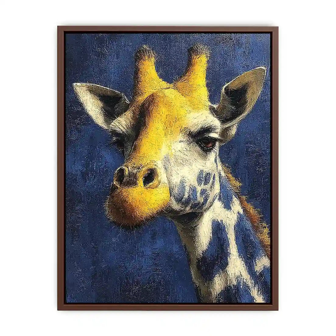 Blue giraffe portrait canvas art for modern office and hallway decor.