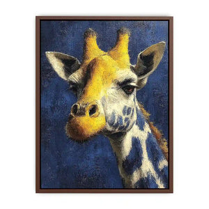 Blue giraffe portrait canvas art for modern office and hallway decor.