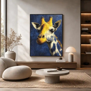 Blue giraffe portrait canvas art for modern office and hallway decor.