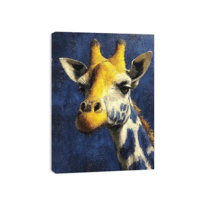 Blue giraffe portrait canvas art for modern office and hallway decor.