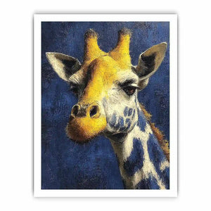 Blue giraffe portrait canvas art for modern office and hallway decor.