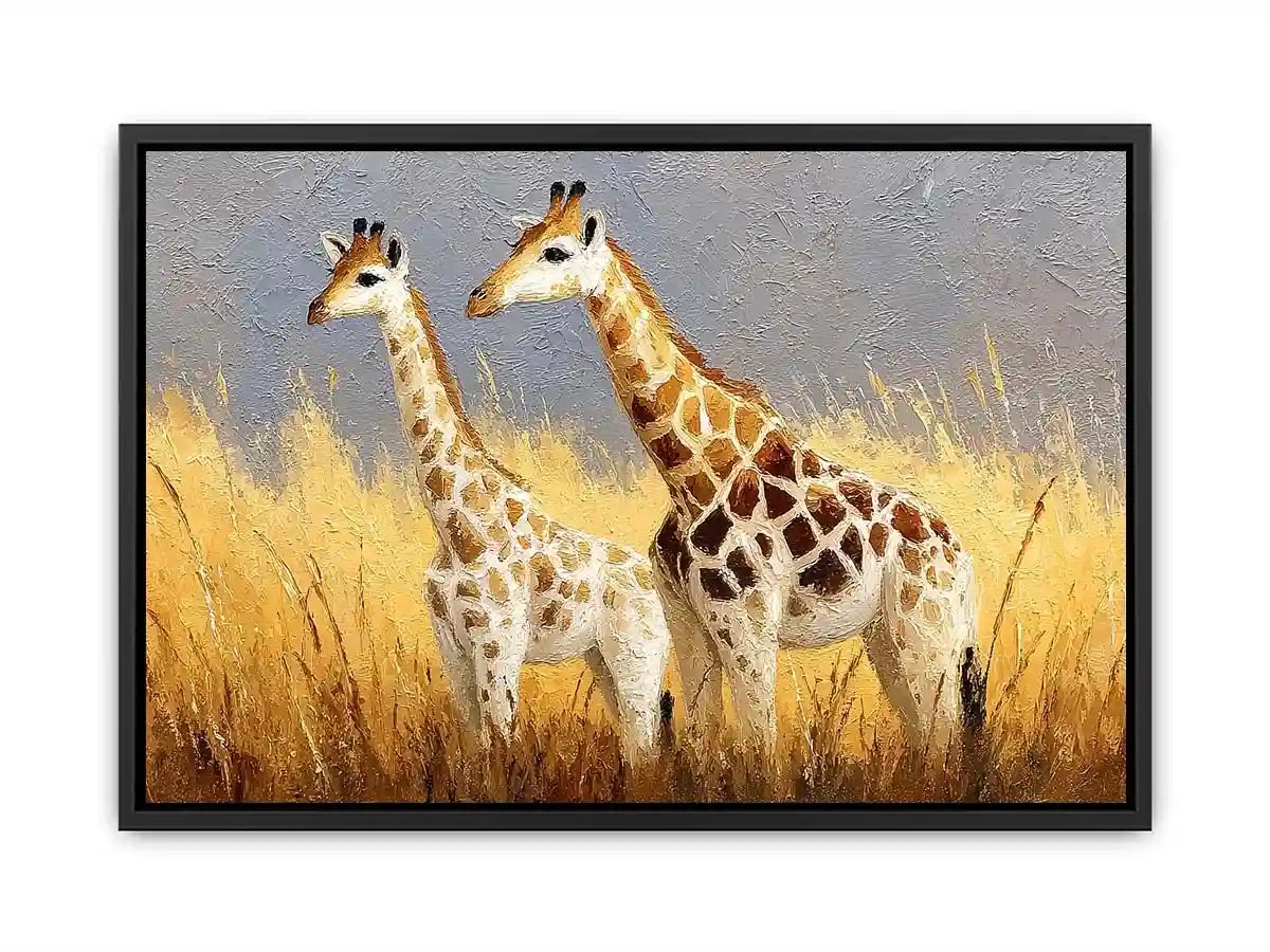 Soft giraffe savanna canvas art for neutral nursery and living room decor.
