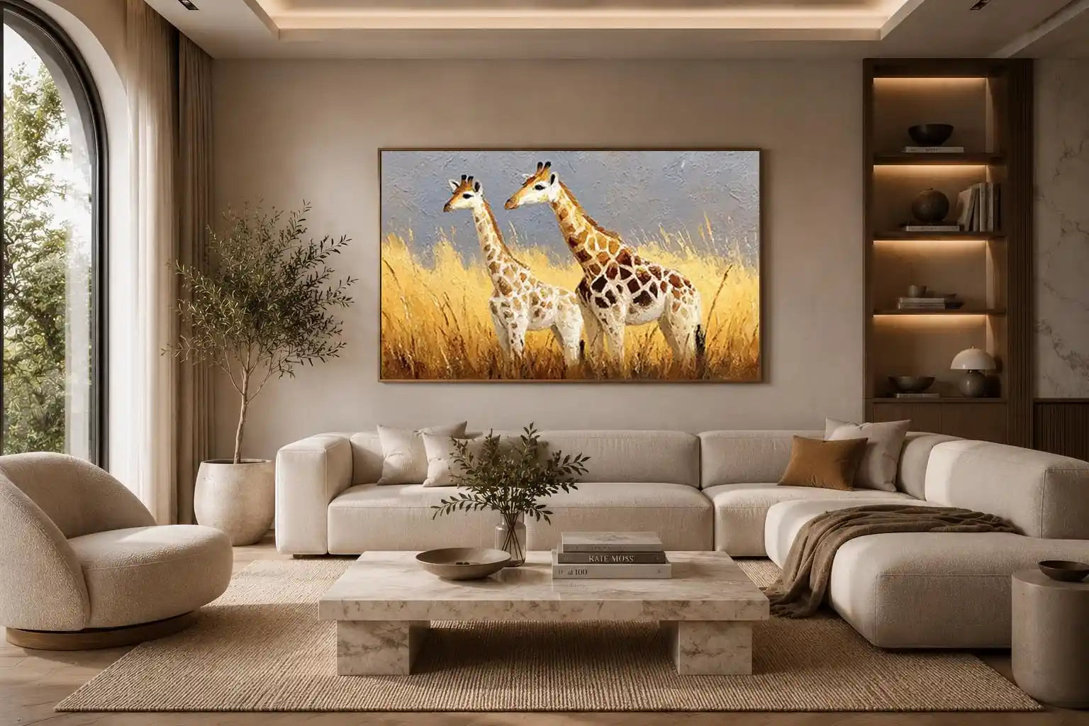 Soft giraffe savanna canvas art for neutral nursery and living room decor.