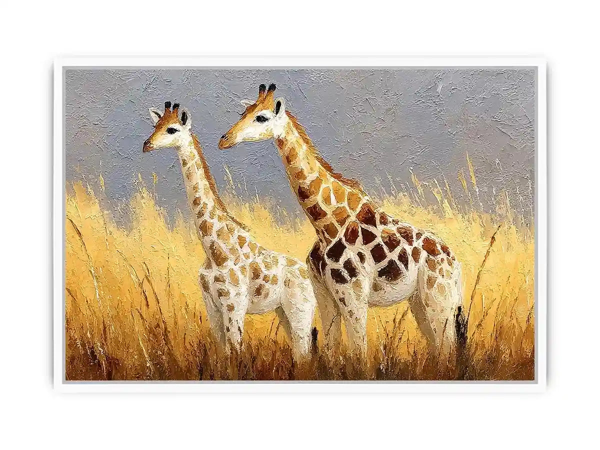 Soft giraffe savanna canvas art for neutral nursery and living room decor.