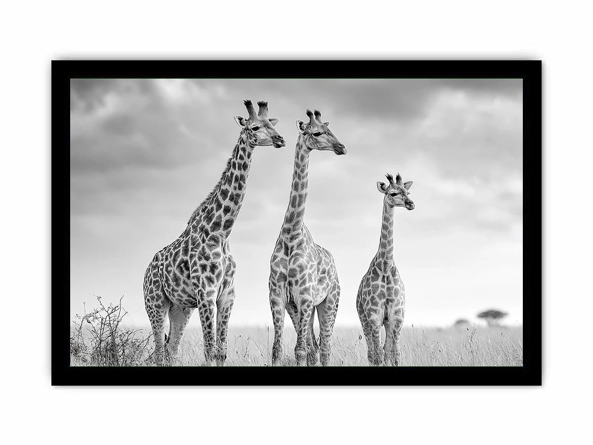 Black and white giraffe canvas art for modern living room decor.