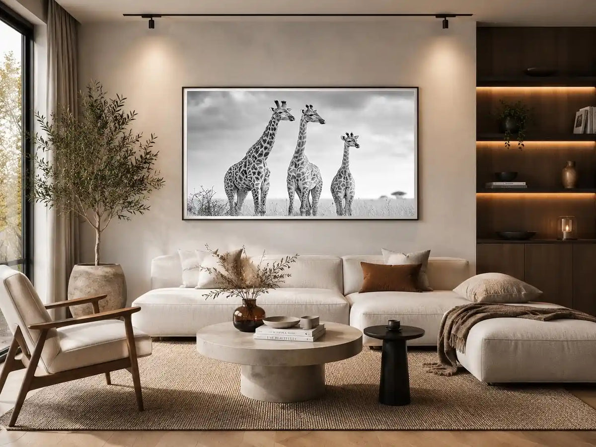 Black and white giraffe canvas art for modern living room decor.