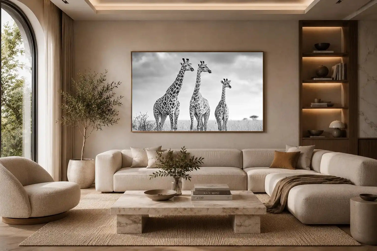 Black and white giraffe canvas art for modern living room decor.