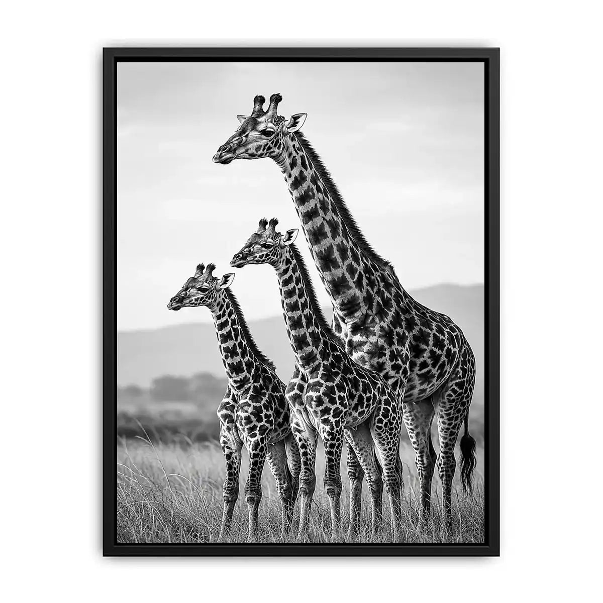 Vertical black and white giraffe family canvas art for hallway decor.