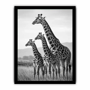 Vertical black and white giraffe family canvas art for hallway decor.