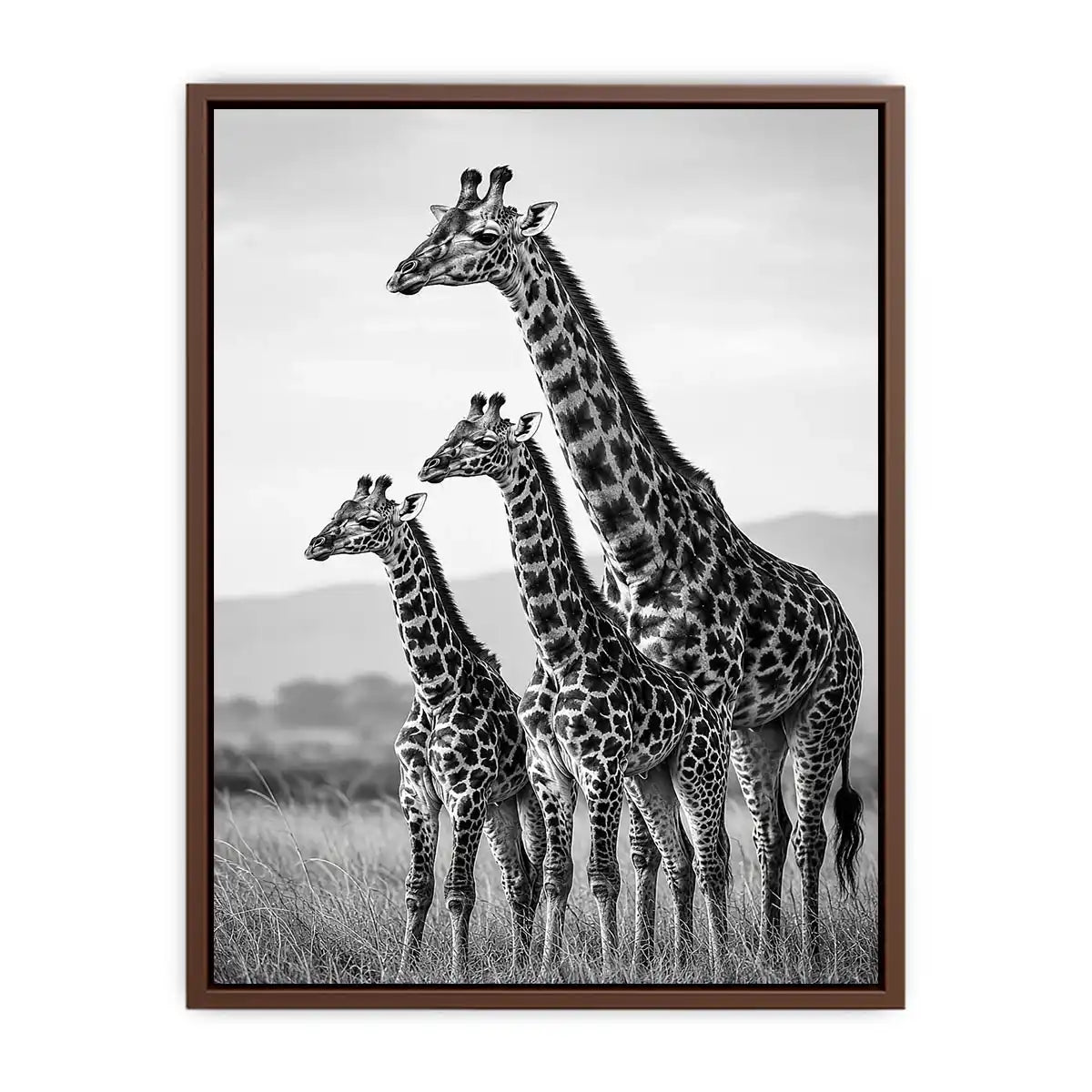 Vertical black and white giraffe family canvas art for hallway decor.
