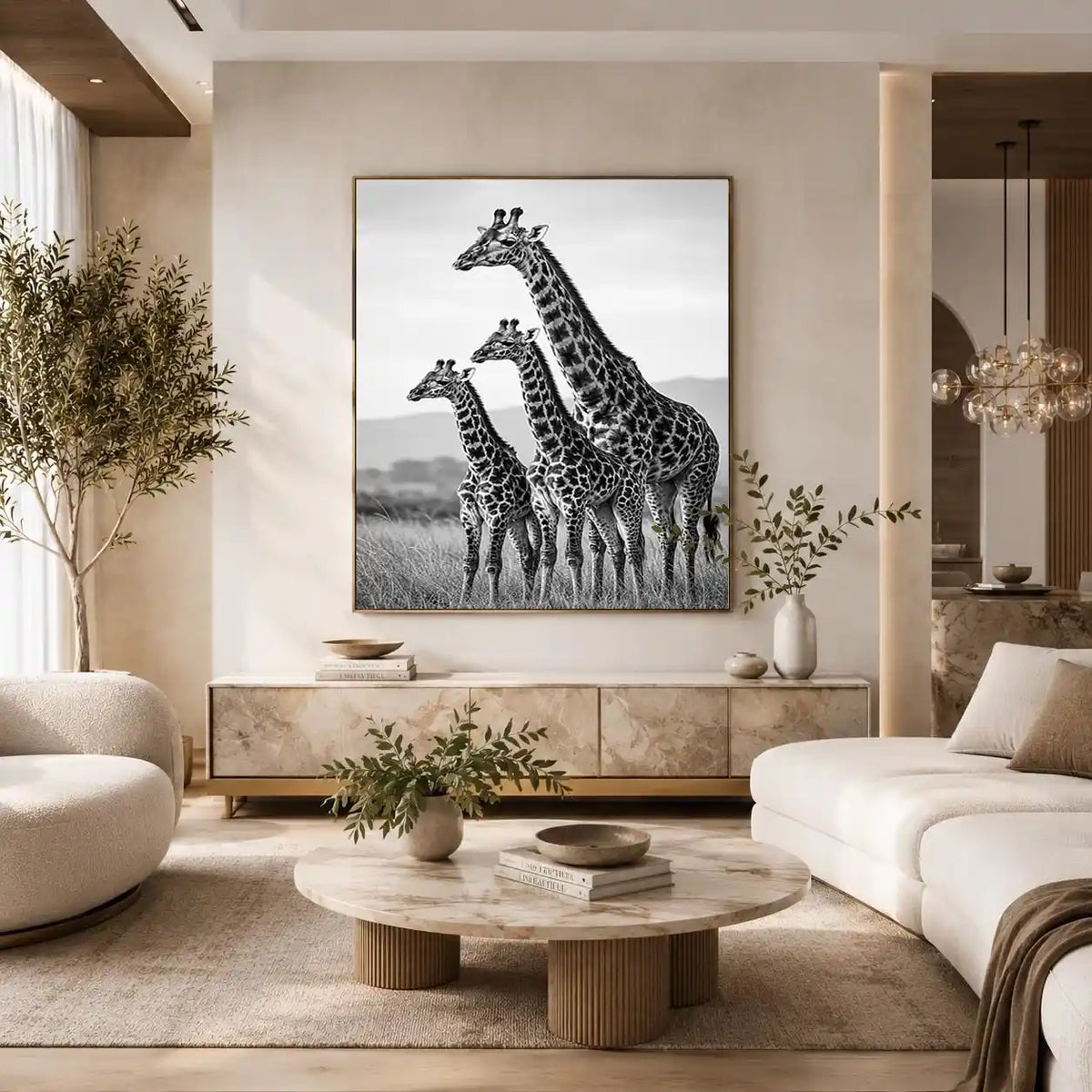 Vertical black and white giraffe family canvas art for hallway decor.