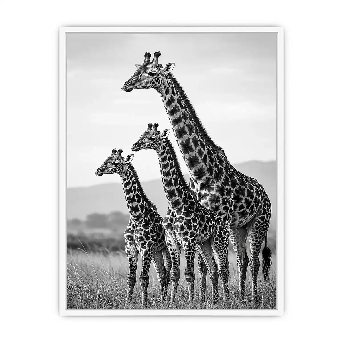 Vertical black and white giraffe family canvas art for hallway decor.