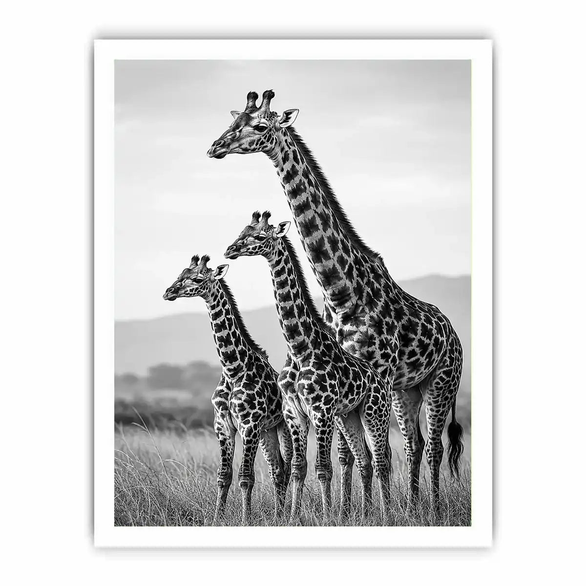 Vertical black and white giraffe family canvas art for hallway decor.