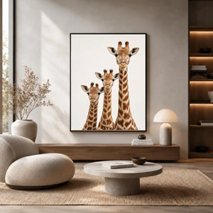 Square giraffe trio canvas art for nursery and kids room decor.