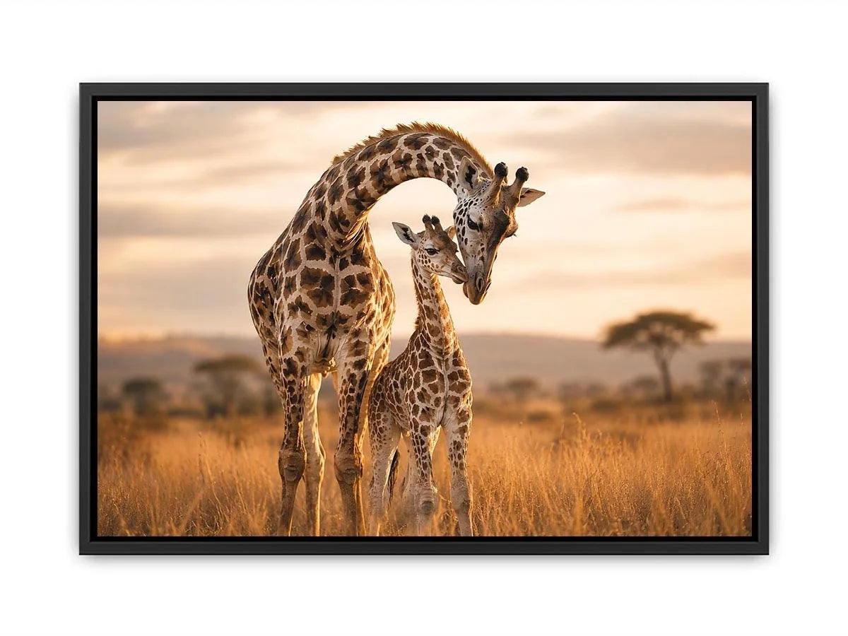 giraffe mother and calf canvas art for warm living room decor.