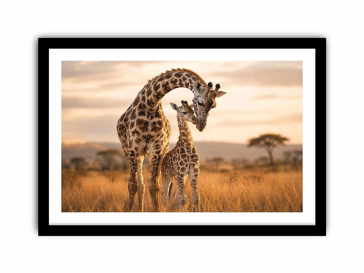 giraffe mother and calf canvas art for warm living room decor.