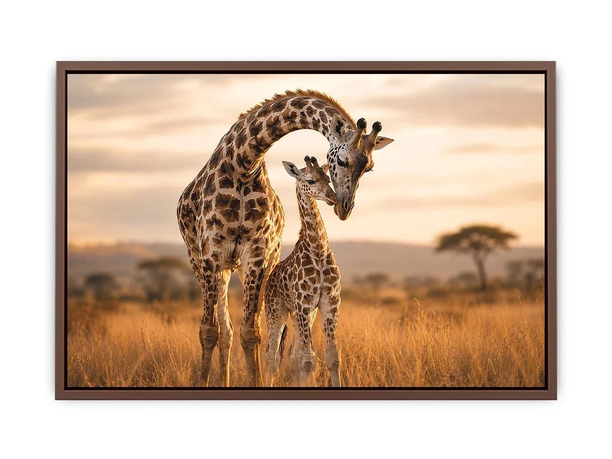 giraffe mother and calf canvas art for warm living room decor.