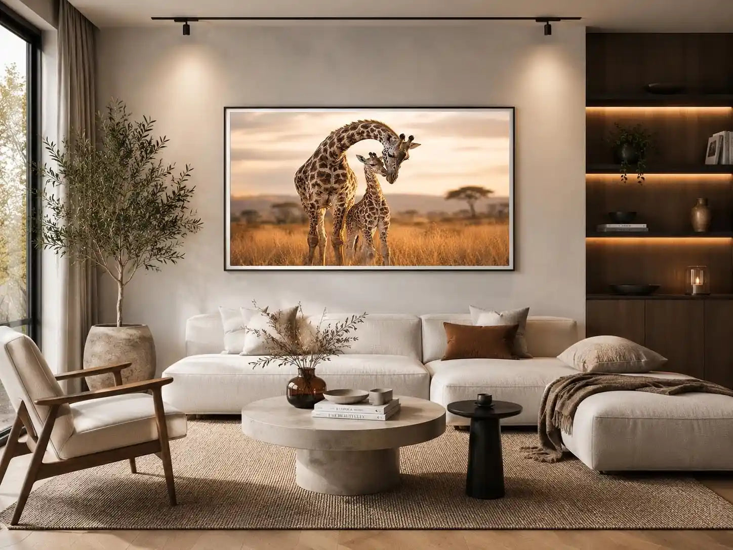 giraffe mother and calf canvas art for warm living room decor.