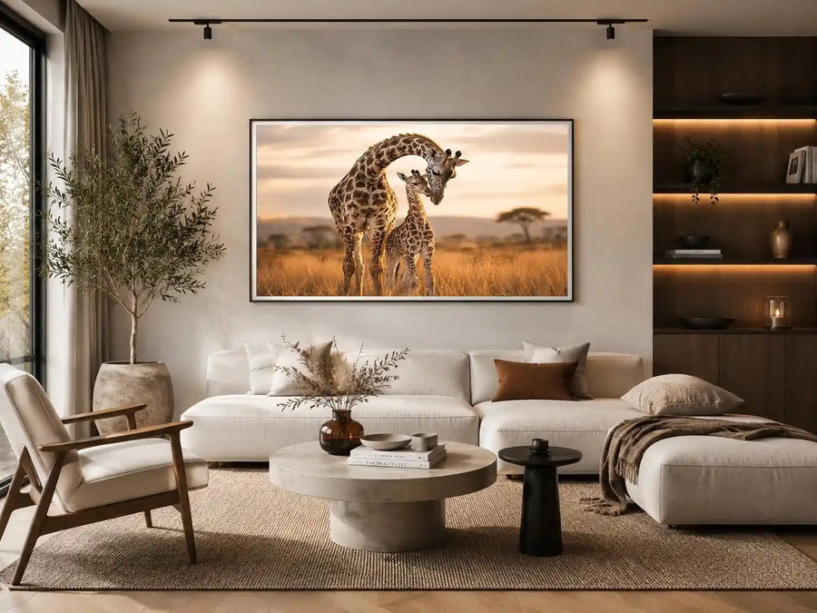 giraffe mother and calf canvas art for warm living room decor.