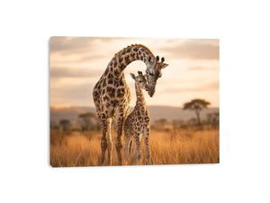 giraffe mother and calf canvas art for warm living room decor.